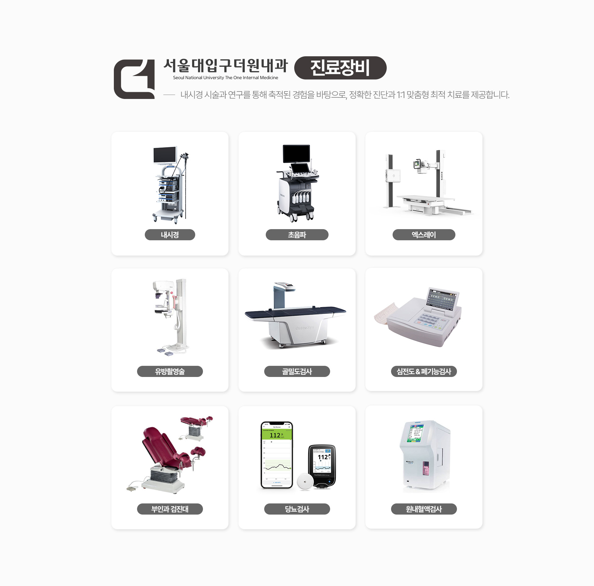내시경·초음파·엑스레이·유방촬영·골밀도·심전도·폐기능·당뇨·원내혈액검사 장비